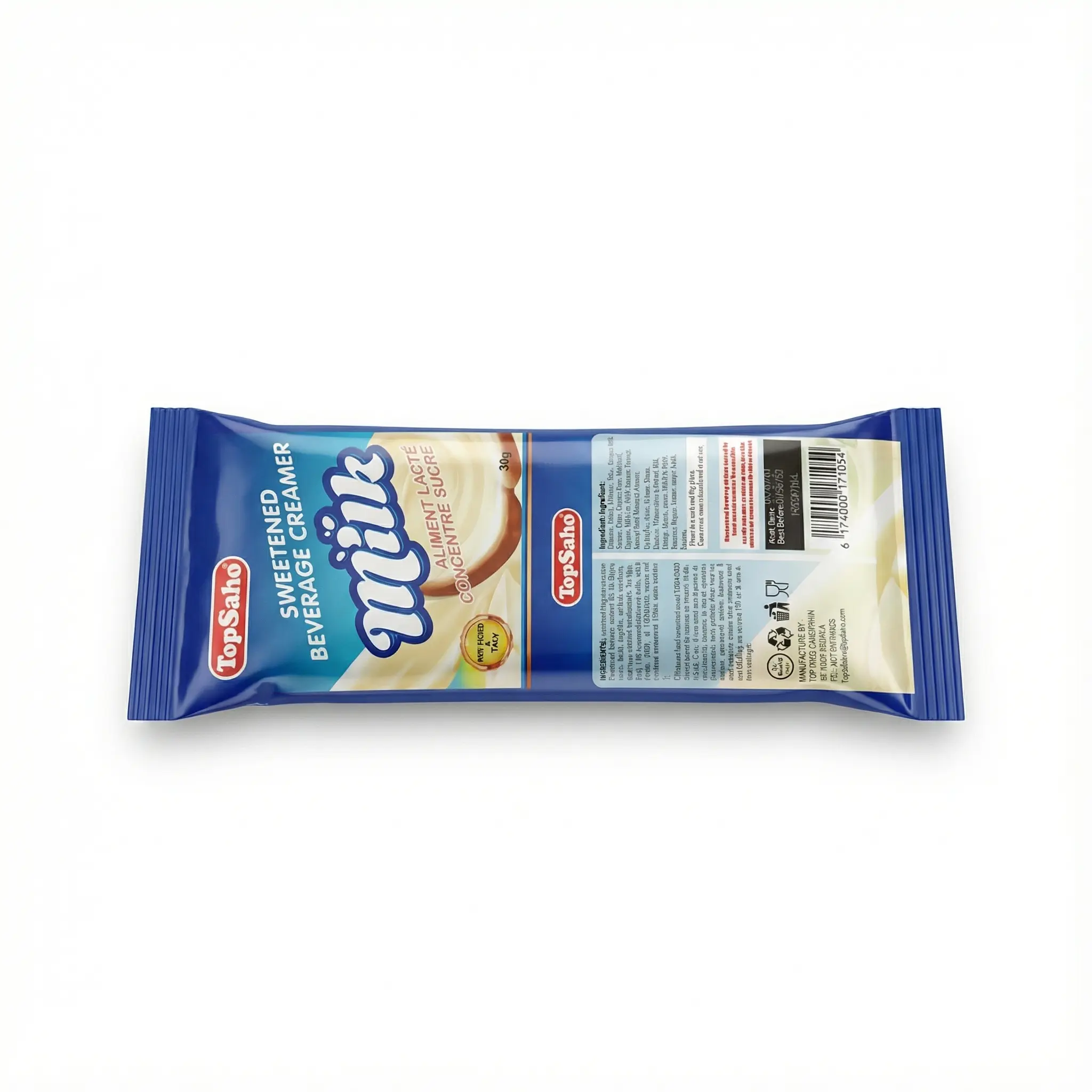 vue laterale du sachet de lait concentre sucre top saho